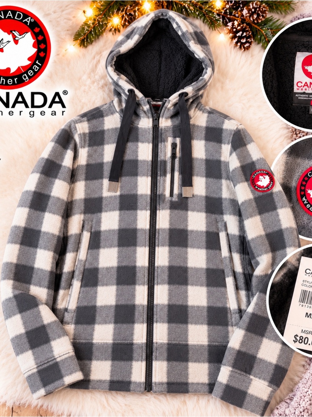 Canada Weather Gear Hooded Full Zip Plaid Jacket Plaid Hooded Jacket in Gray &